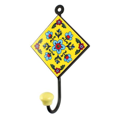 Yellow With Turquoise Tiny Flower Ceramic Tiles Hook 